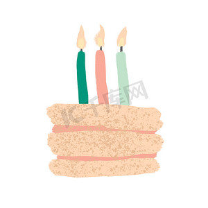 手绘插图蛋糕与白色背景上的绿色橙色薄荷生日蜡烛。