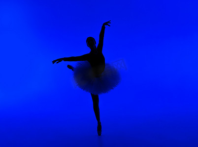 古典芭蕾舞摄影照片_蓝色背景芭蕾舞中芭蕾舞演员的美丽剪影。舞者，芭蕾舞短裙