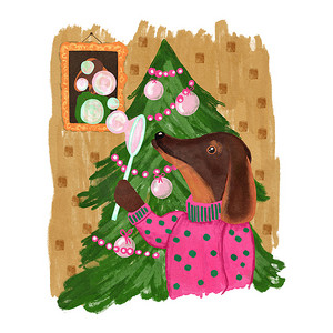 绿色手绘圣诞树摄影照片_在家庭室内的圣诞树附近手绘狗腊肠的插图在粉红色的毛衣。