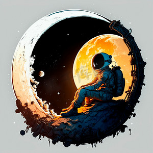 卡通漂浮摄影照片_坐在月球上的宇航员的卡通形象