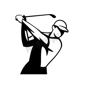 高尔夫球手摆动高尔夫俱乐部前视图吉祥物复古黑色和白色