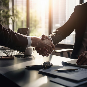商务人士、握手和晚上的合作伙伴关系，以进行交易、b2b 或办公室招聘协议。