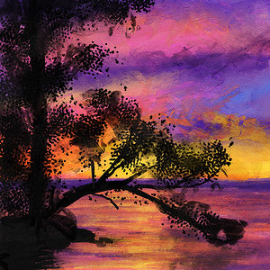 手绘插图 evenng 天空日落，海洋水面橙色，闪亮的微光反射，黑暗的树，日出寒冷的紫色淡紫色云彩，清澈的夏季旅行，油画纹理素描画。