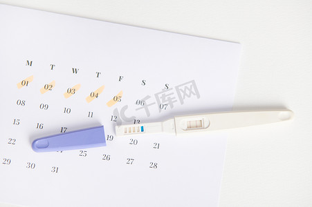 从喷墨妊娠试验的上方看，白色日历上方有两个条，上面标有月经最后几天