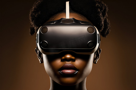 非洲女性戴着虚拟现实护目镜站立工作室干净的背景
