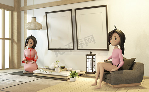 在日式房间内穿着和服的卡通女孩。 