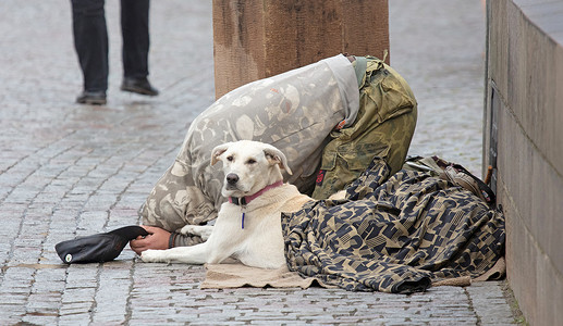 乞丐带着狗在布拉格街头乞讨施舍