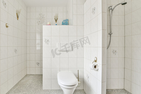 淋浴洗澡摄影照片_带厕所和淋浴的白色浴室