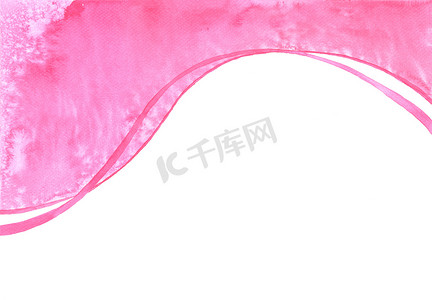 红色丝带手绘摄影照片_一条光滑的粉红色曲线，如丝带，白色背景上的手绘抽象水彩画。