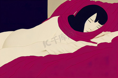 美丽的年轻女子裹着柔软的毯子睡在高质量的二维插图中。