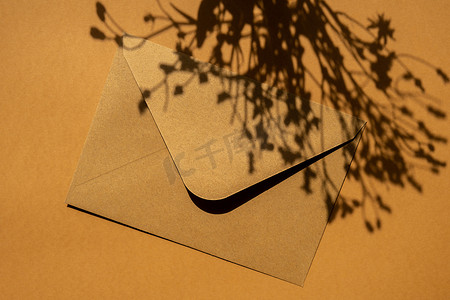米色背景的邮政黄色信封上美丽的小黄洋甘菊雏菊花，空白的纸条复制空间，用于文本，春天，节日贺卡。