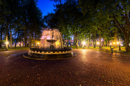 夜间公园照明中水流模糊的喷泉