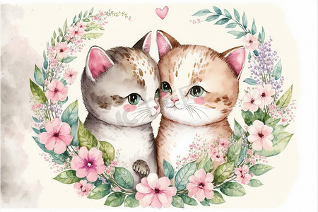 可爱的小猫恋爱浪漫情人节手绘卡通风格