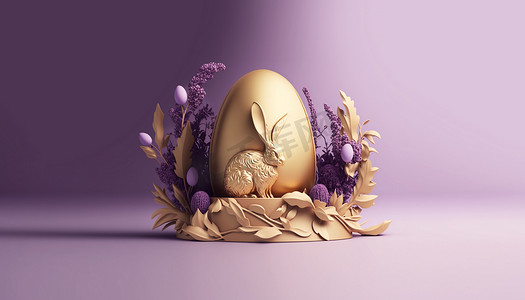 金色兔子摄影照片_复活节装饰有兔子、金蛋和鲜花，紫罗兰色 AI 生成的横幅