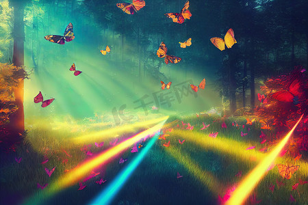 蝴蝶在飞舞摄影照片_有五颜六色的蝴蝶在光芒中飞舞的奇幻森林