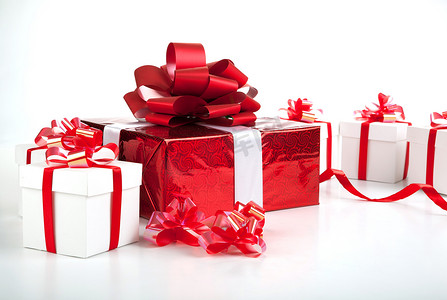 在灰色的一个红色礼物盒白色礼物盒
