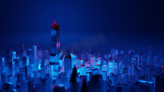 霓虹灯字体母摄影照片_夜晚的未来城市天际线与霓虹赛博朋克美学。