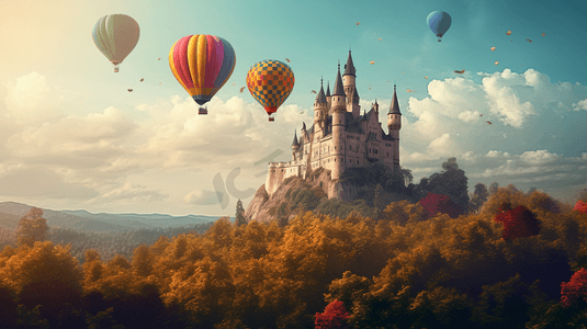 彩色的气球插画摄影照片_唯美的欧式气球城堡插画