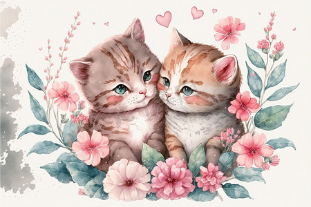 卡通可爱手绘的摄影照片_可爱的小猫恋爱浪漫情人节手绘卡通风格