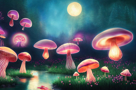 魔法童话中带灯笼的奇幻蘑菇