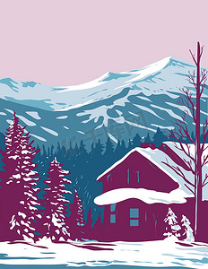 冬季科罗拉多州落基山脉的布雷肯里奇和十英里山脉 WPA 海报艺术
