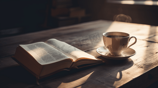 一本打开的书，放在一张木桌上，旁边是一杯咖啡