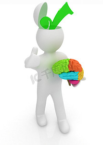 大脑框摄影照片_3d 人-有一半头、大脑和 trumb 的人。