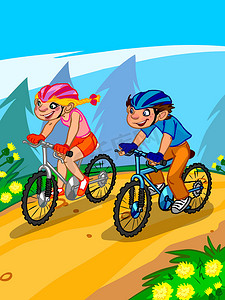 卡通健身摄影照片_卡通青少年骑自行车的插图。