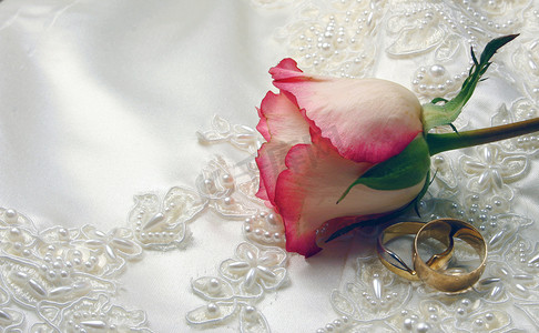 新娘礼服上的玫瑰和戒指