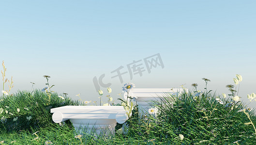 太阳阴影摄影照片_3D显示与自然绿草和太阳阴影的领奖台天空背景。