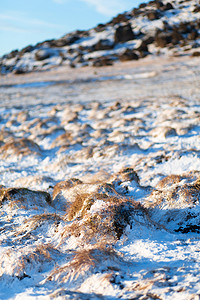 蓝色背景长图摄影照片_一座山脚下长满苔藓的冰冻熔岩田