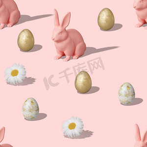 无缝等距图案与复活节彩蛋、 兔子和粉红色背景上的鲜花。