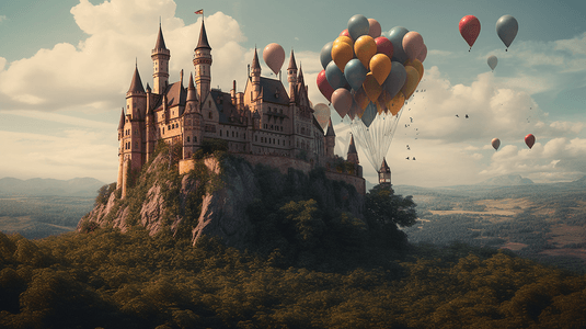 彩色的气球插画摄影照片_唯美的欧式气球城堡插画