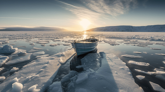 冰山附近水体上的小船