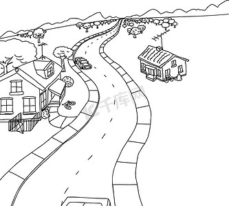 卡通大山背景摄影照片_道路上两栋房子的轮廓卡通