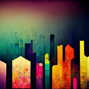 水彩画上城市的抽象夜景建筑。