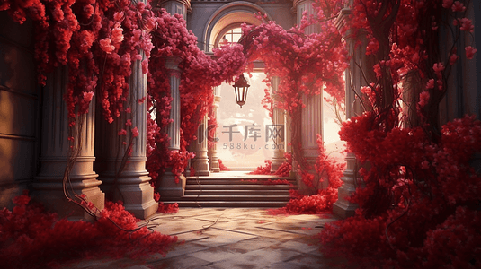 梦幻城堡背景图片_梦幻唯美立体场景红色欧式花朵城堡