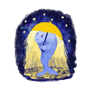 黄色星星手绘摄影照片_手绘插图可爱的蓝鲸站在夜雨星星中用黄色雨伞。