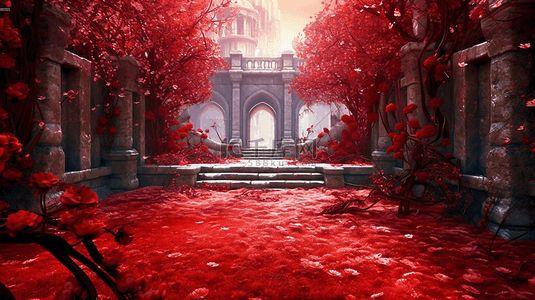 欧式背景图片_梦幻唯美立体场景红色欧式花朵城堡