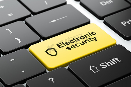 电子摄影照片_保护概念：计算机键盘背景上的轮廓屏蔽和电子安全