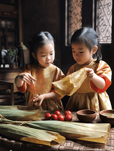 摄影照片_两个可爱的汉服小姑娘在包粽子4