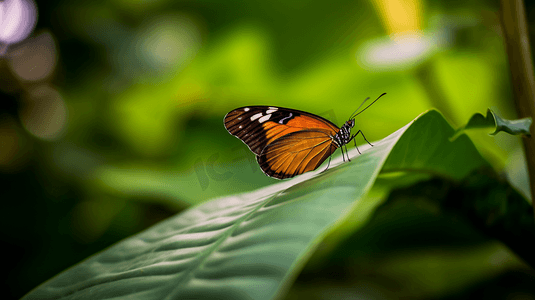 一只蝴蝶在树叶上的特写