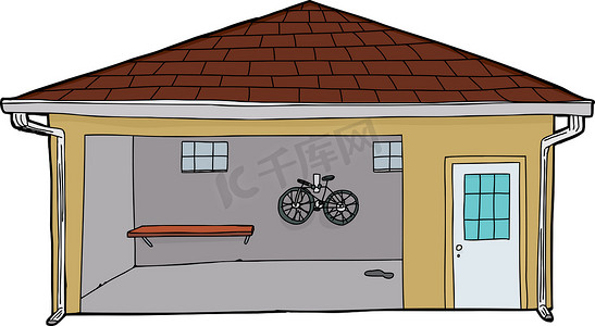 手绘自行车摄影照片_带自行车和门口的独立车库