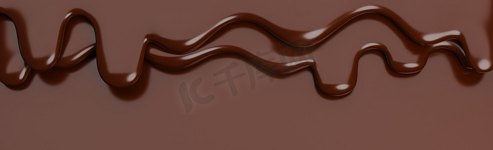 融化的牛奶棕色巧克力在棕色横幅背景上流下，带有复制空间。3d 模型和插图。