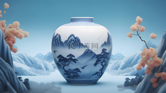 陶瓷背景图片_中国风青花瓷瓷器山水背景