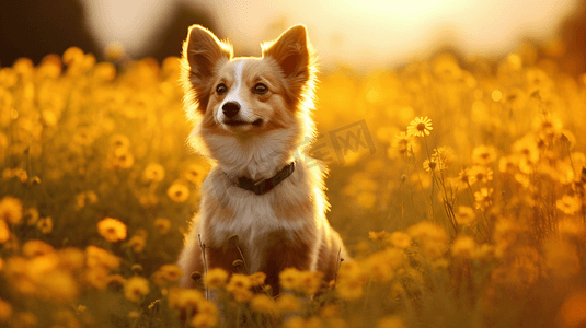一只柯基小狗正坐在黄色花田里