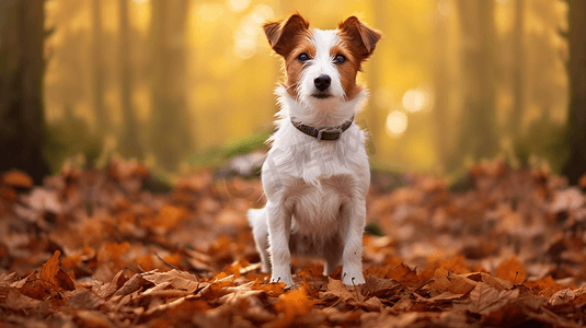 一只树叶摄影照片_一只棕色和白色相间的狗站在一片树叶覆盖的地面上