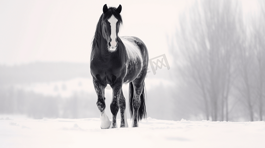 一匹黑白相间的马站在雪地里