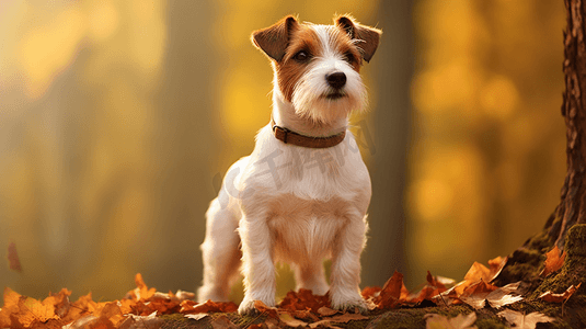 一只棕色和白色相间的狗站在一片树叶覆盖的地面上