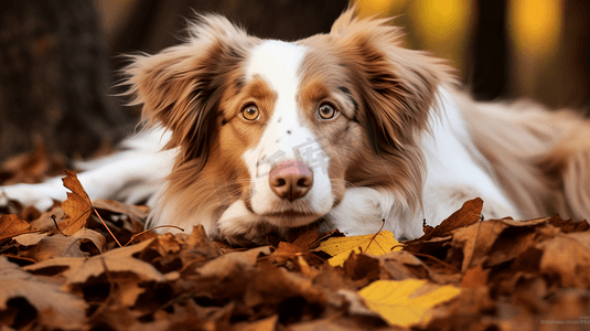一只棕色和白色相间的狗躺在树叶上
